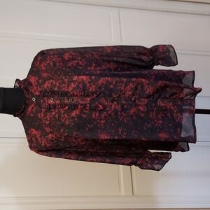 Blouse Burgundy Black feminine ruffle long sleeve sheer floral lined Size M